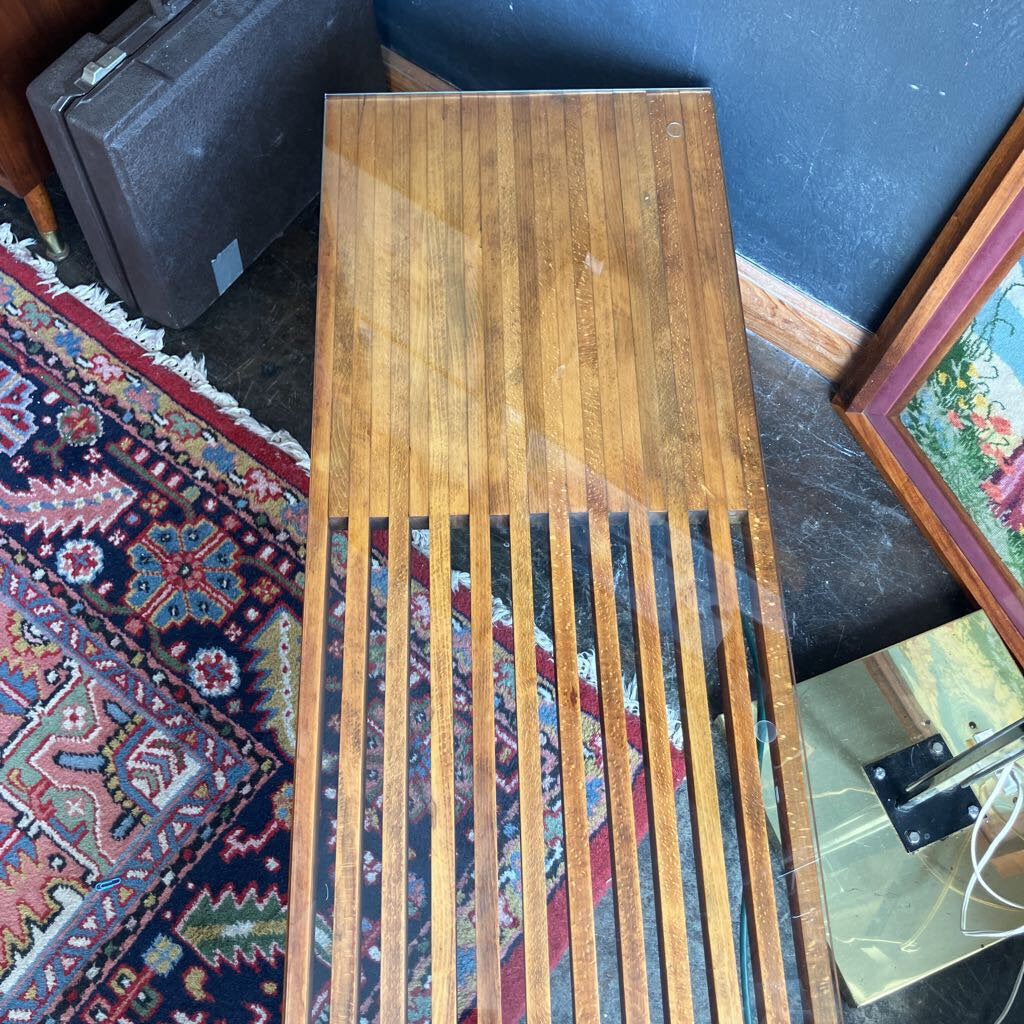 Mid Century Glass Top Slat Bench Coffee Table