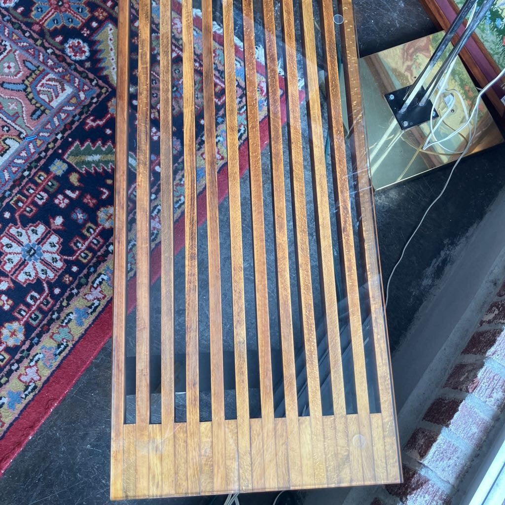 Mid Century Glass Top Slat Bench Coffee Table