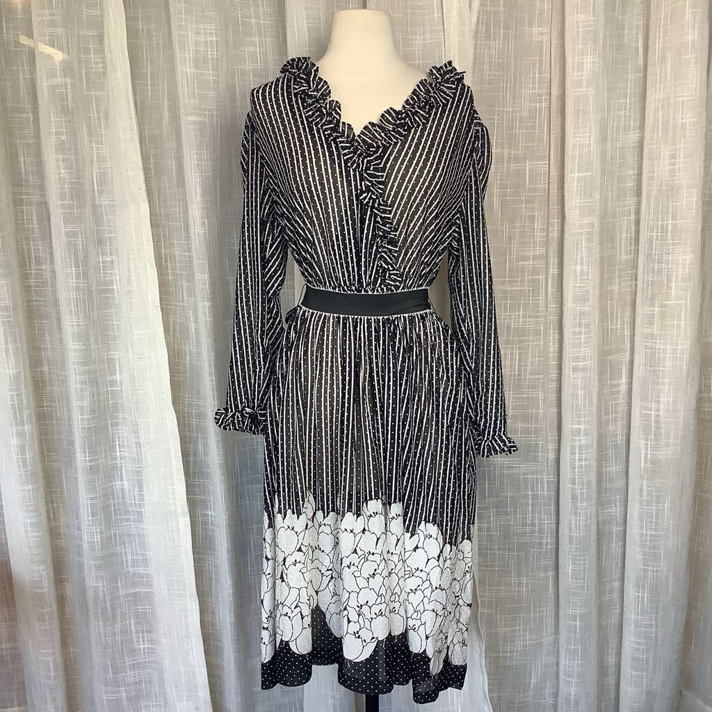 1980s Black and White Sheer Striped Polka Dot Floral Dress *deadstock*