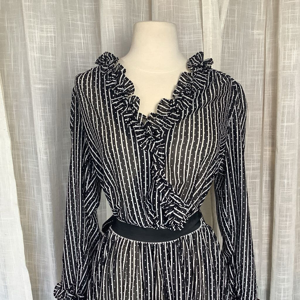 1980s Black and White Sheer Striped Polka Dot Floral Dress *deadstock*