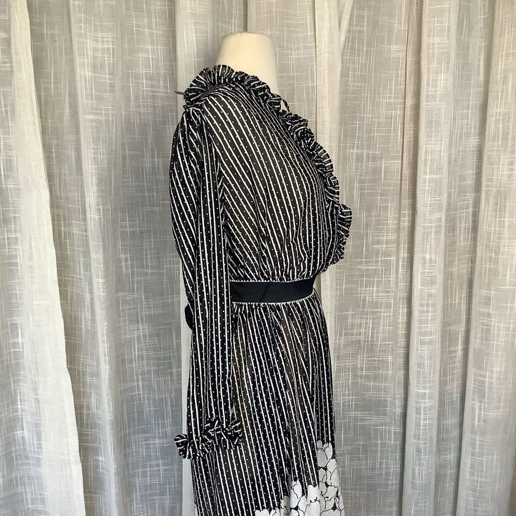 1980s Black and White Sheer Striped Polka Dot Floral Dress *deadstock*