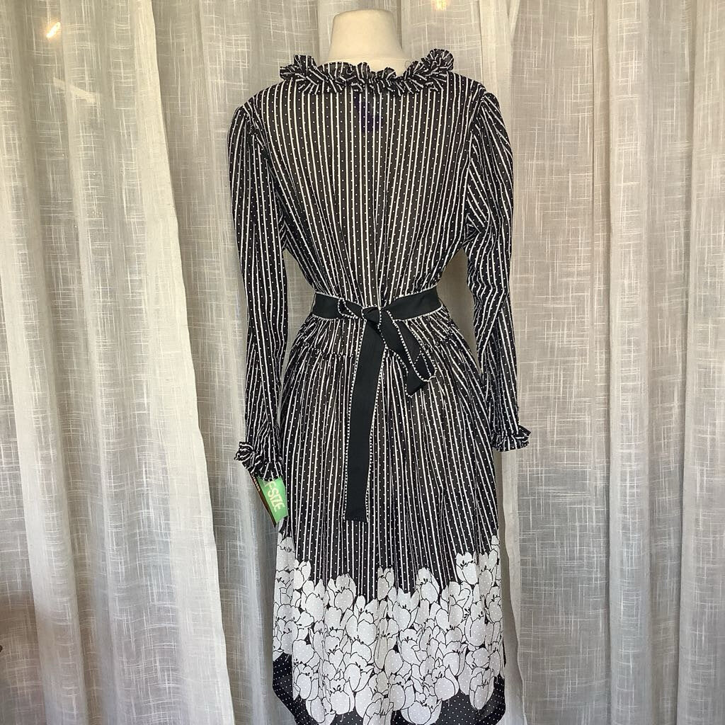 1980s Black and White Sheer Striped Polka Dot Floral Dress *deadstock*