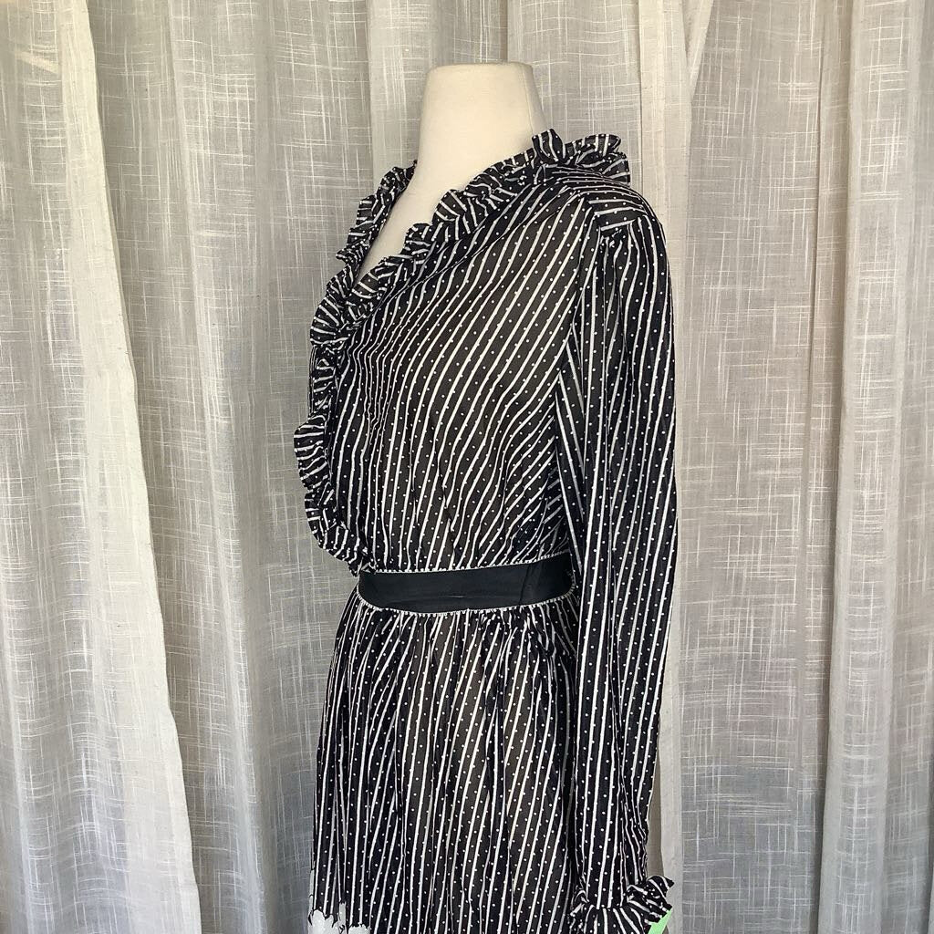 1980s Black and White Sheer Striped Polka Dot Floral Dress *deadstock*