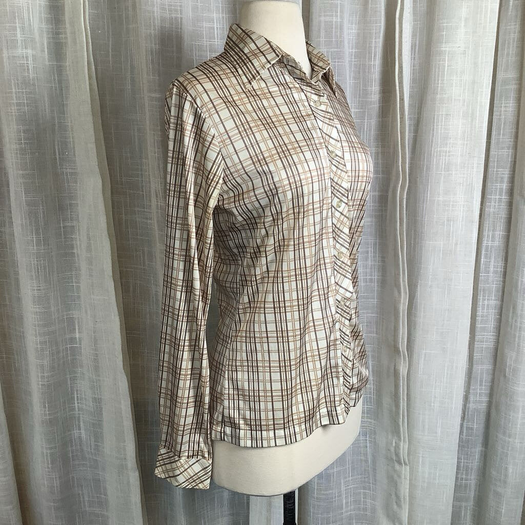 1970s Brown Plaid Blouse