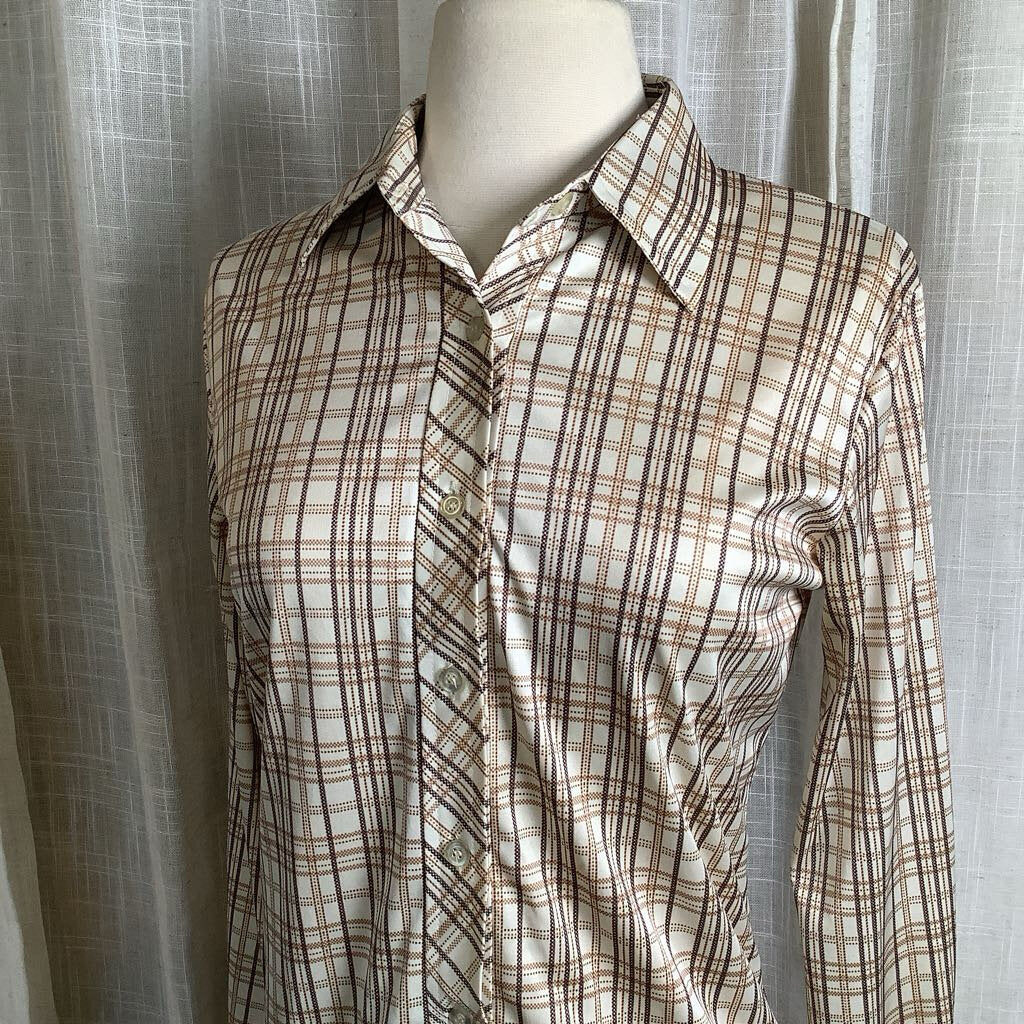 1970s Brown Plaid Blouse