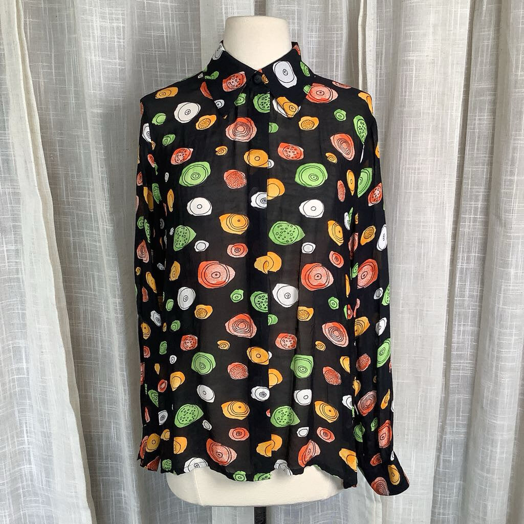 1980s Black Swirl Print Blouse