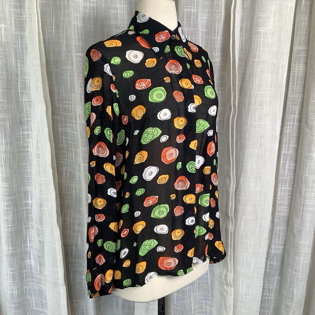 1980s Black Swirl Print Blouse