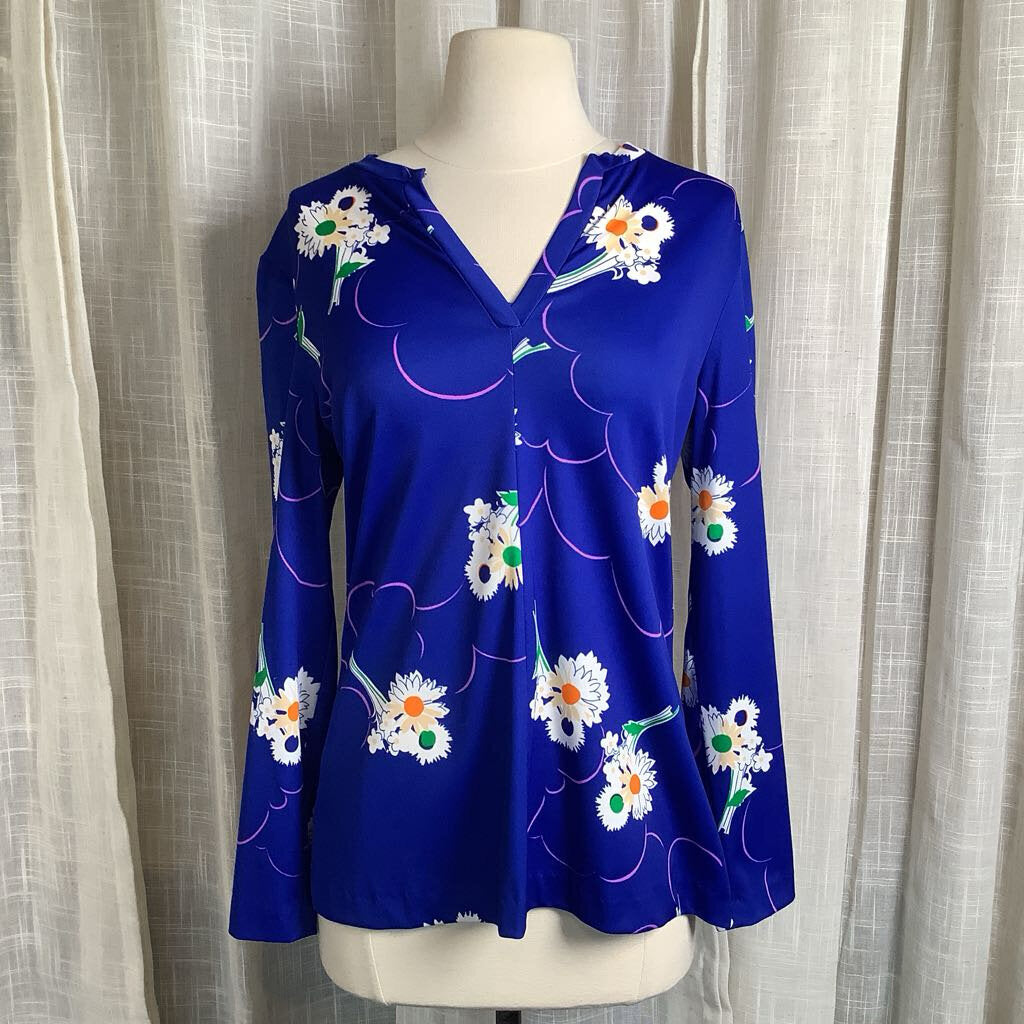 1970s Blue Floral Tunic Blouse