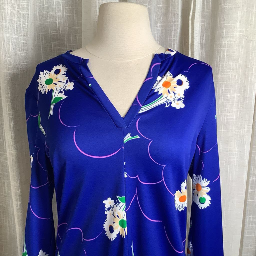 1970s Blue Floral Tunic Blouse