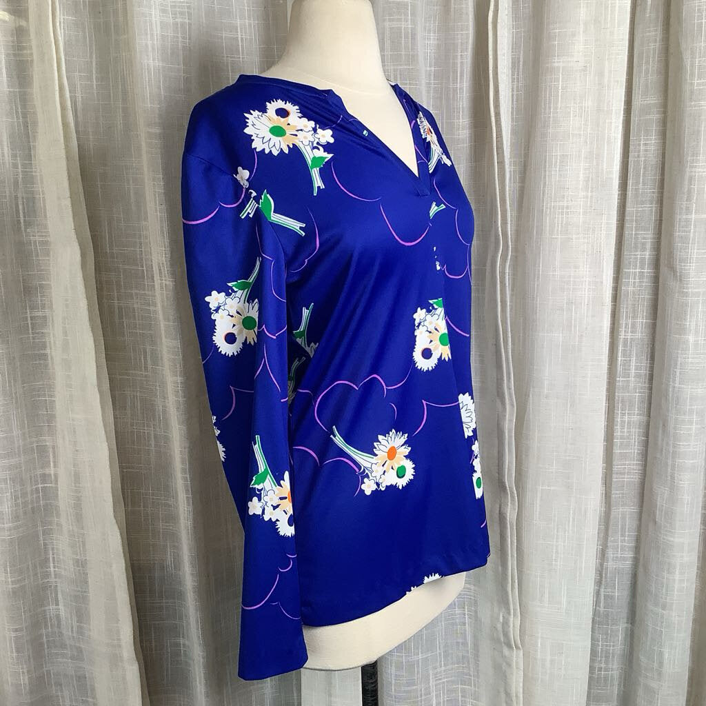 1970s Blue Floral Tunic Blouse