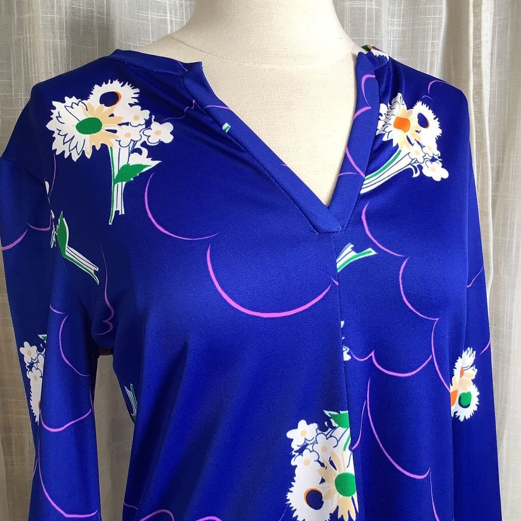 1970s Blue Floral Tunic Blouse