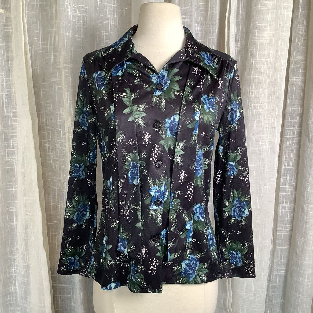 1970s Black Floral Blouse with Necktie