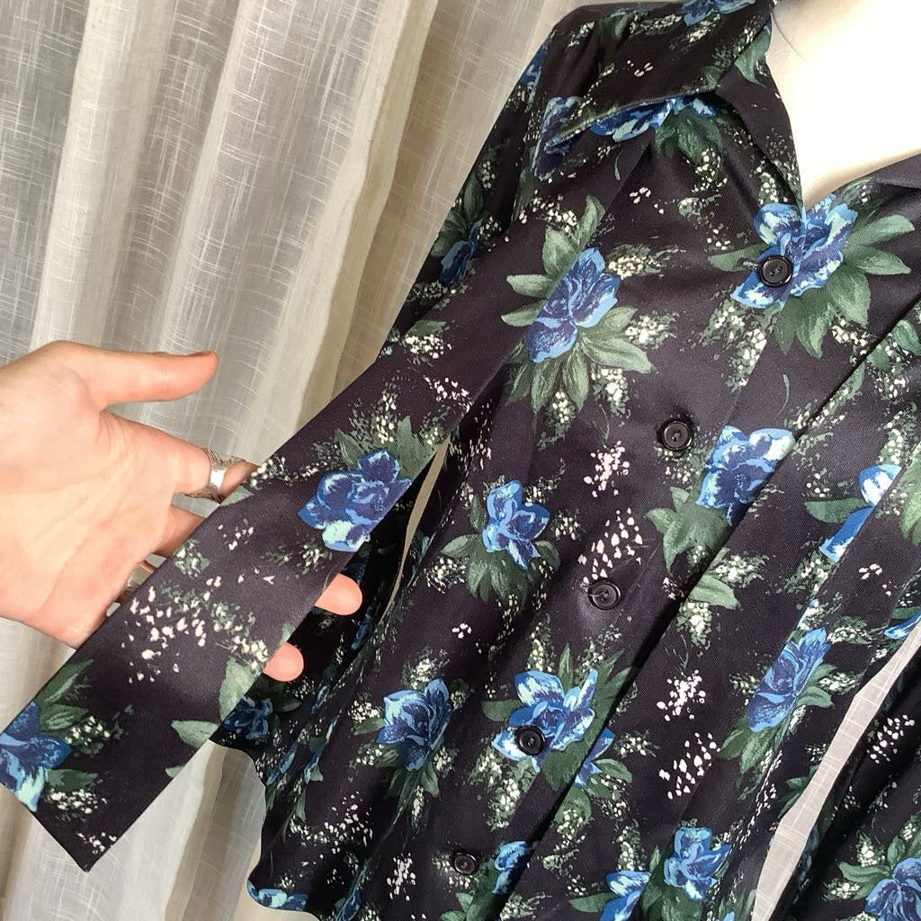 1970s Black Floral Blouse with Necktie