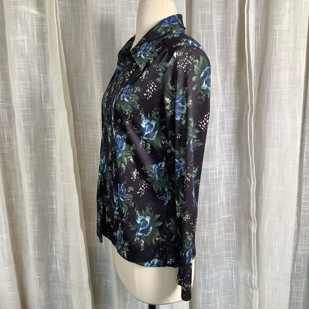 1970s Black Floral Blouse with Necktie