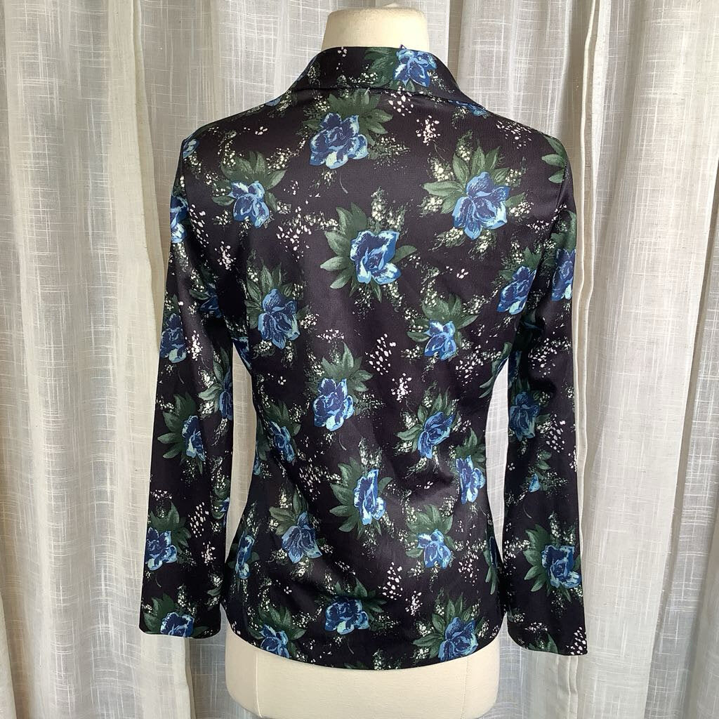 1970s Black Floral Blouse with Necktie