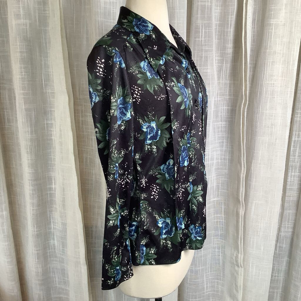 1970s Black Floral Blouse with Necktie