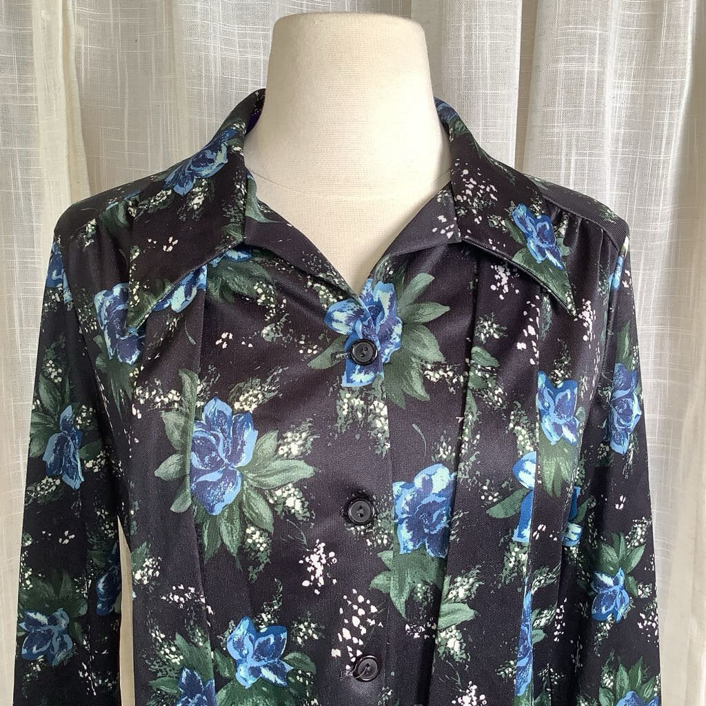 1970s Black Floral Blouse with Necktie