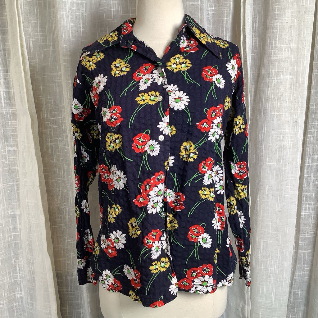 1970s Navy Blue Floral Blouse