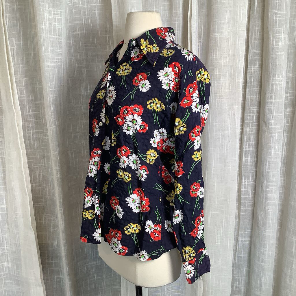 1970s Navy Blue Floral Blouse