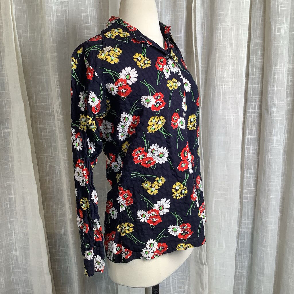 1970s Navy Blue Floral Blouse