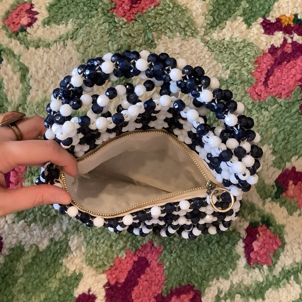 Vtg Blue and White Beaded Handbag