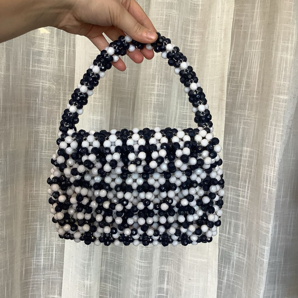 Vtg Blue and White Beaded Handbag