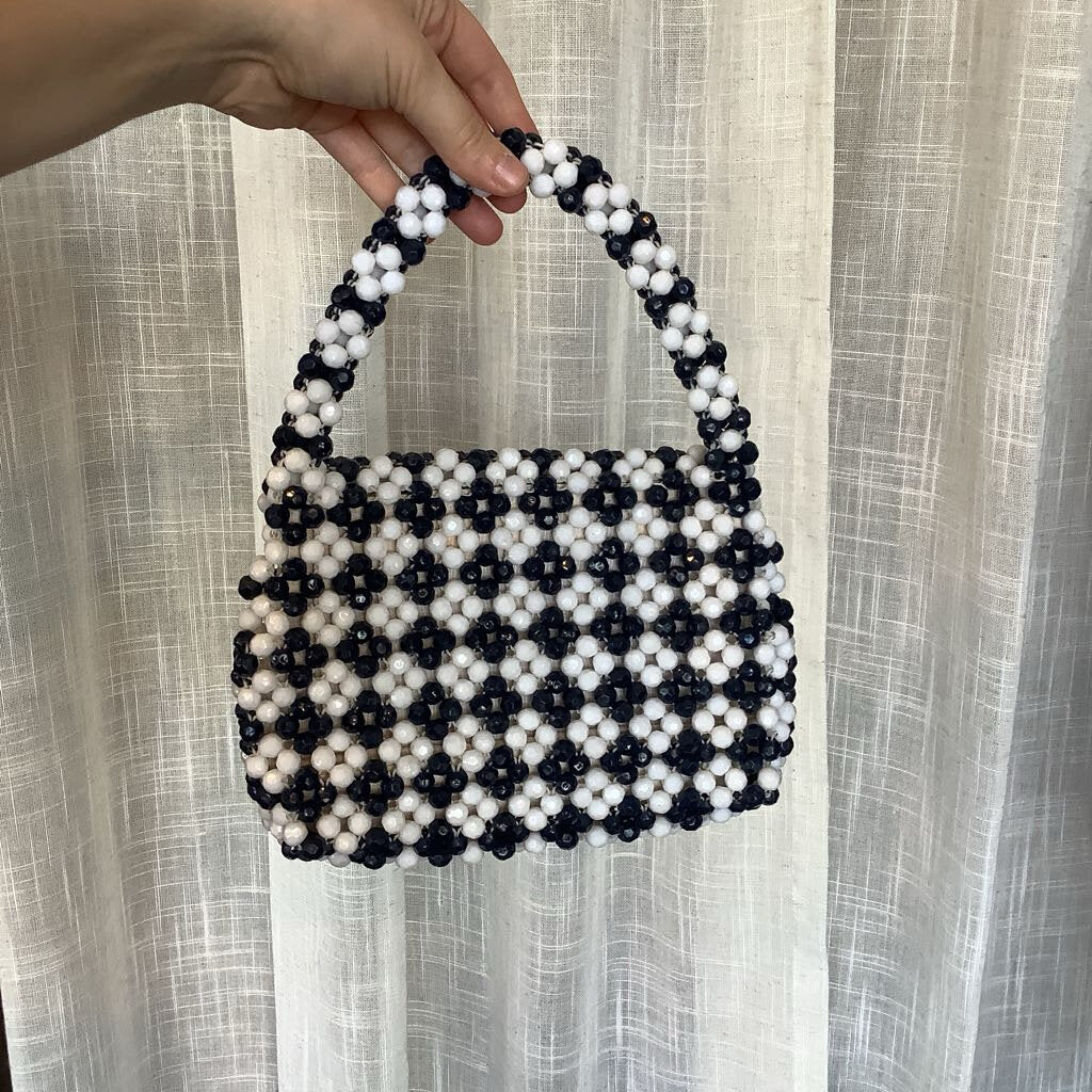 Vtg Blue and White Beaded Handbag