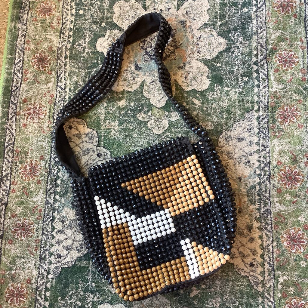 Vtg Black and Brown Beaded Purse