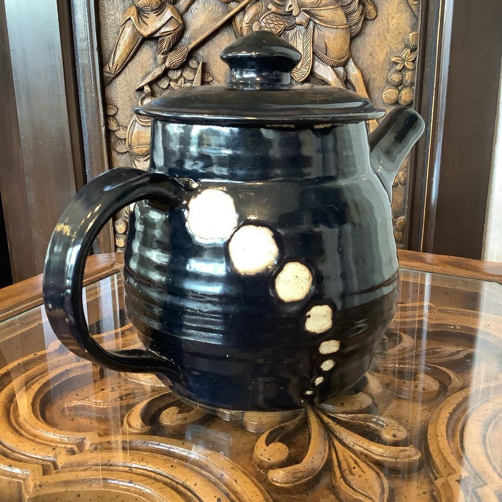 Vtg Black Stoneware Tea Pot