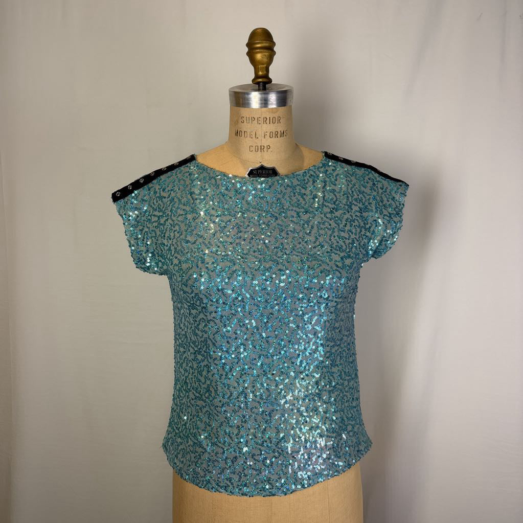 Aqua Sequin Top with Black Shoulder Accent