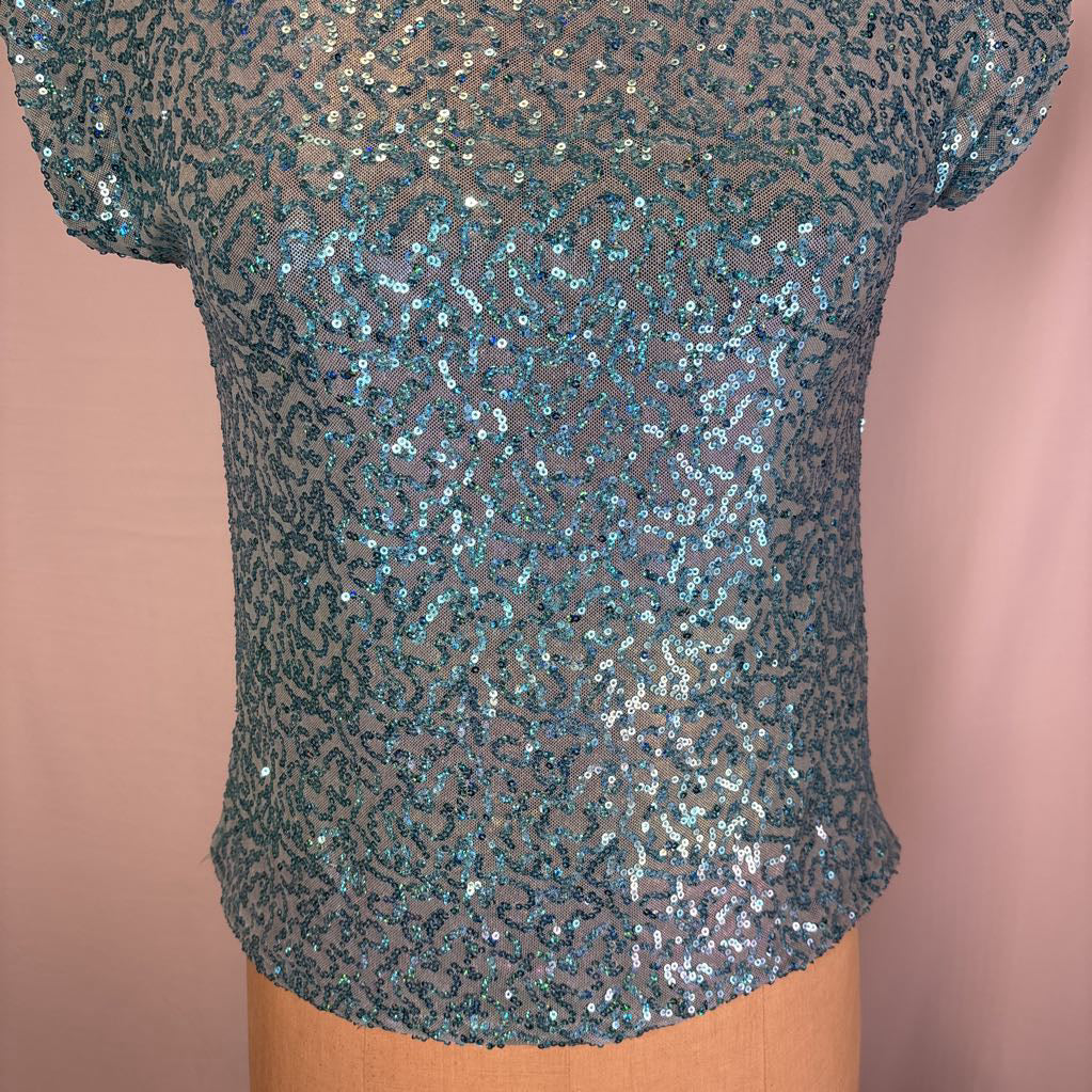 Aqua Sequin Top with Black Shoulder Accent