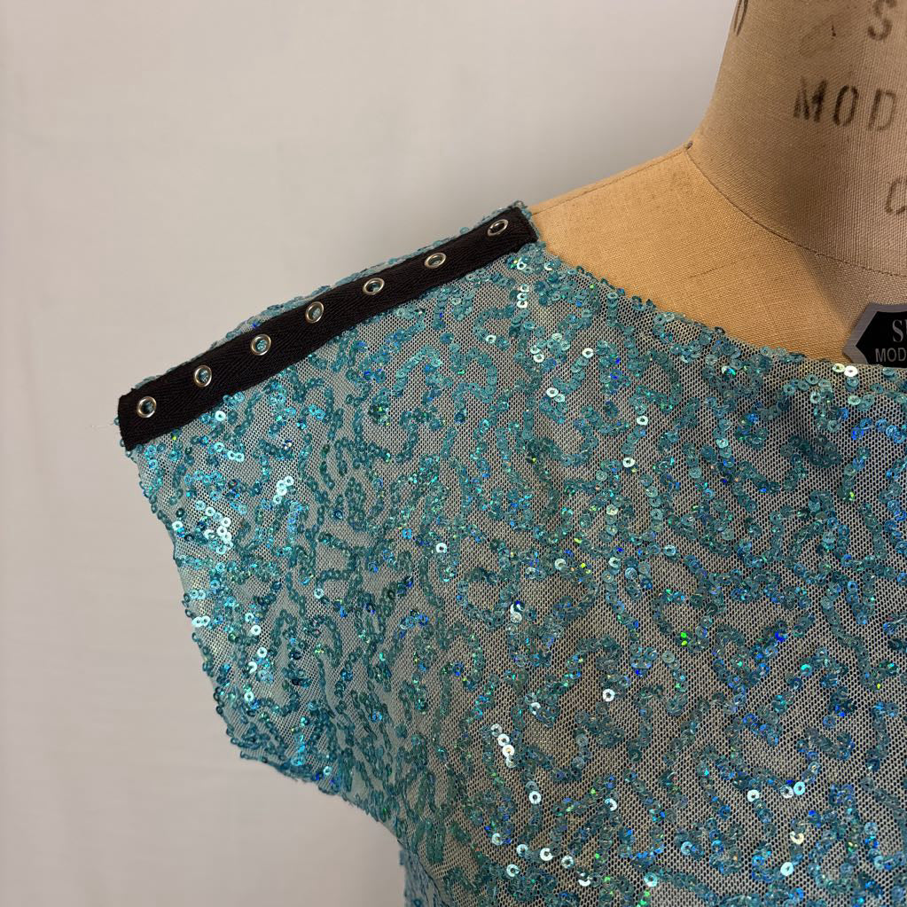 Aqua Sequin Top with Black Shoulder Accent