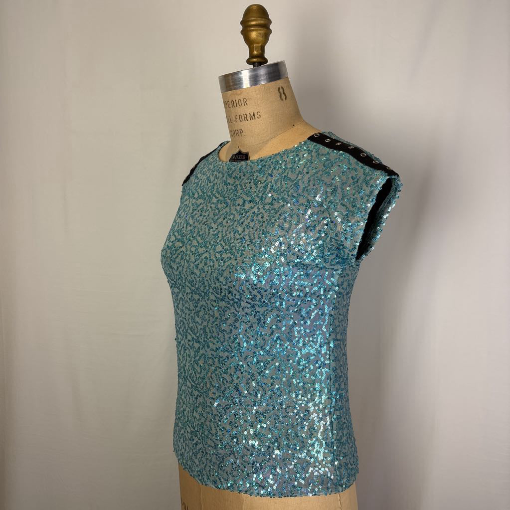 Aqua Sequin Top with Black Shoulder Accent