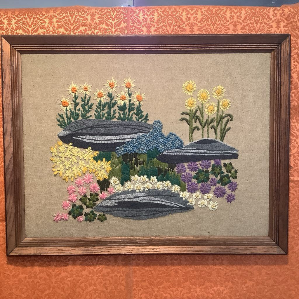 1970's Framed Crewel Landscape