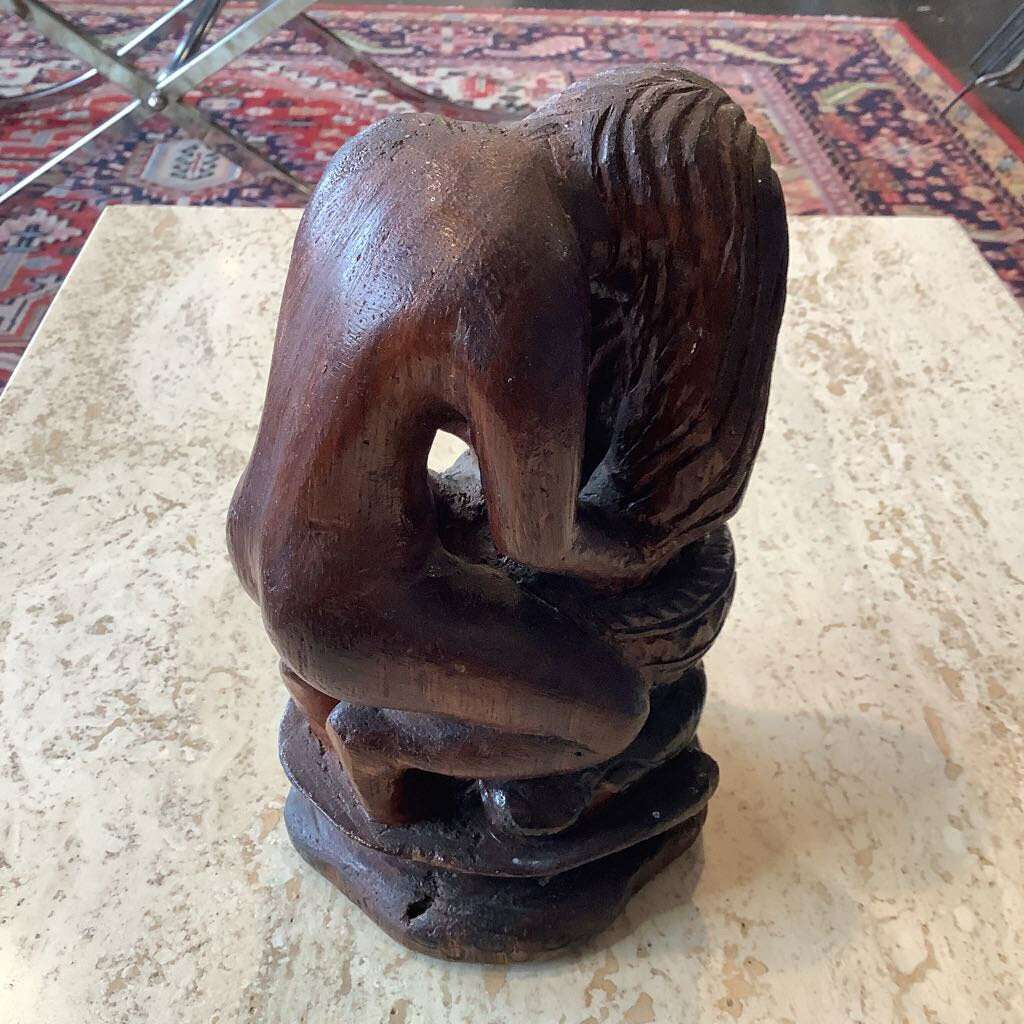 Vtg Hand Carved Woman Washing Hair Wooden Figure