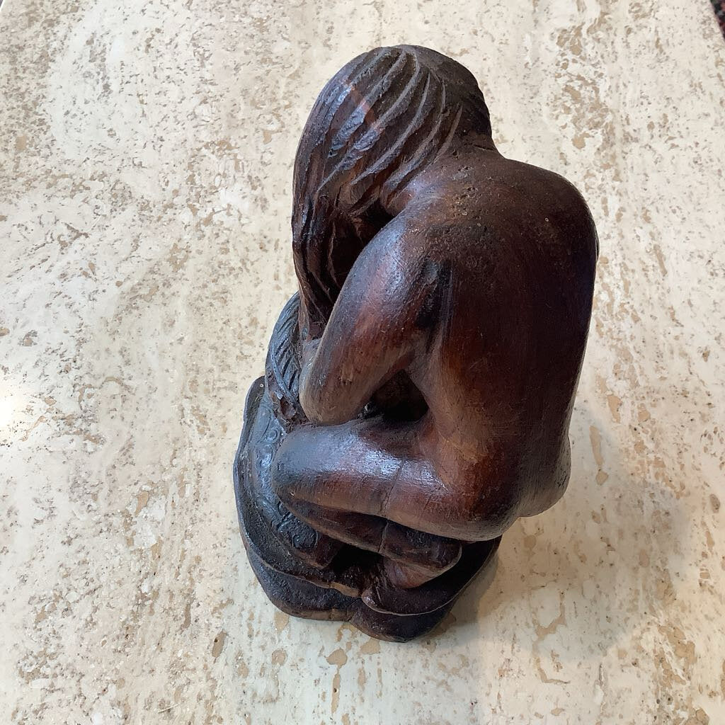 Vtg Hand Carved Woman Washing Hair Wooden Figure