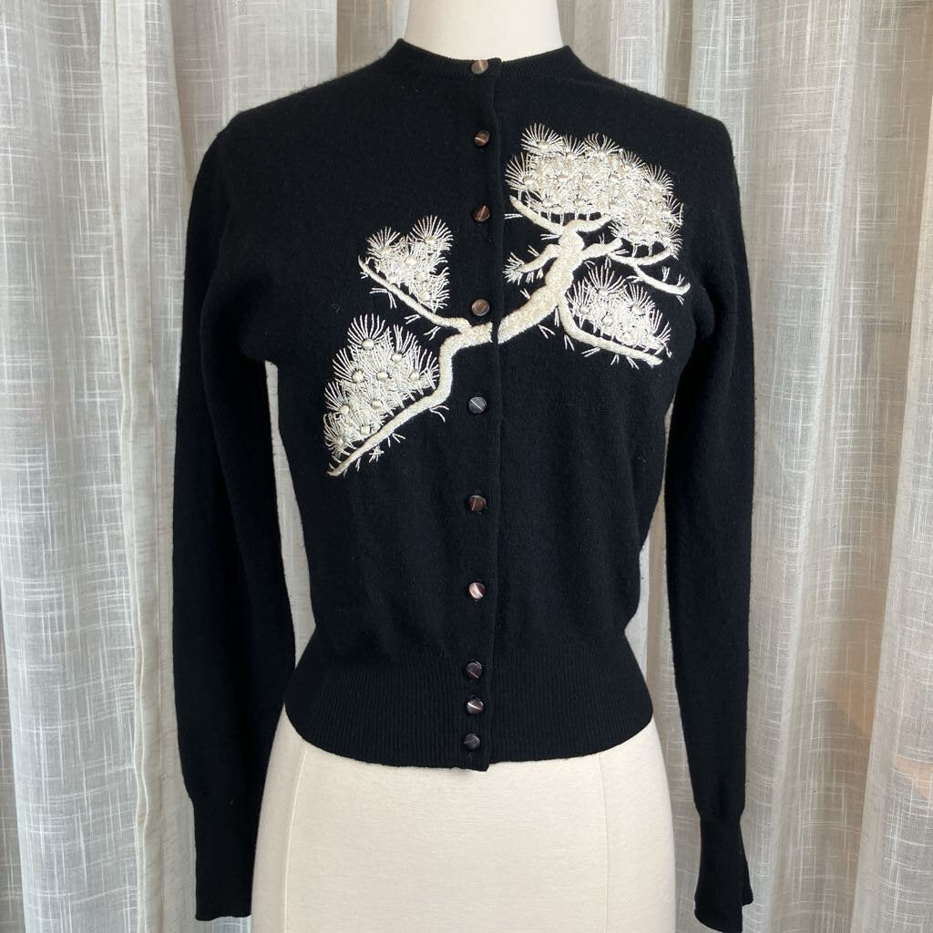 1950s Black and White Floral Embroidered Cardigan