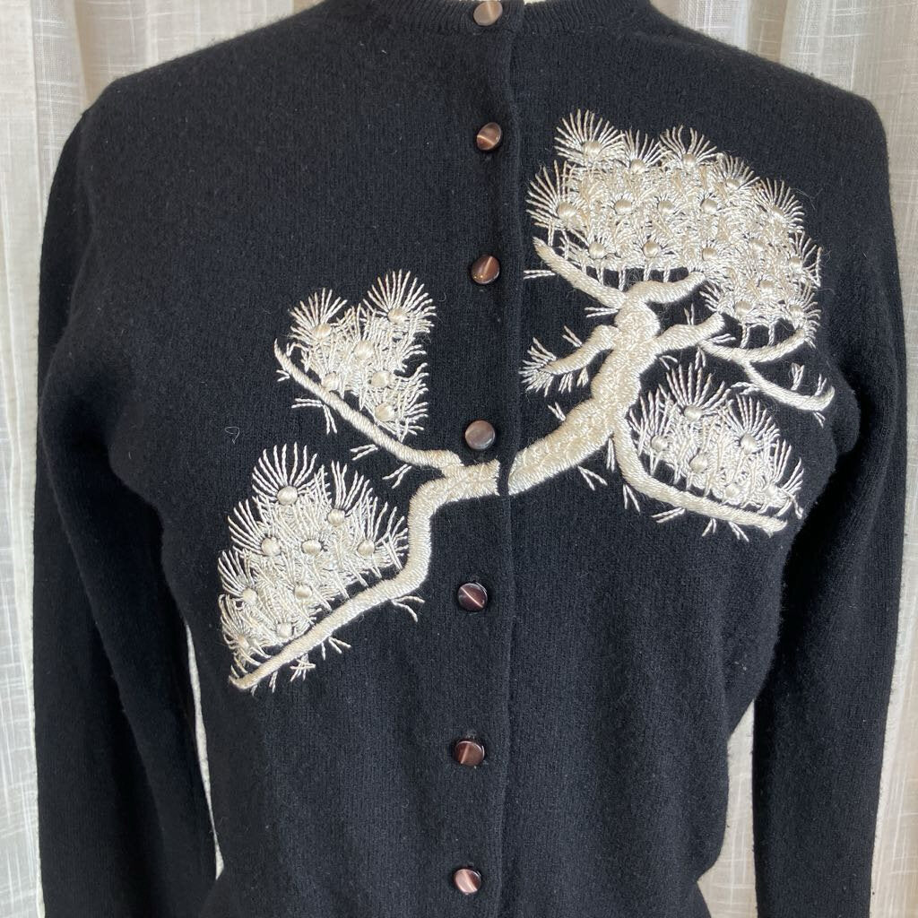 1950s Black and White Floral Embroidered Cardigan