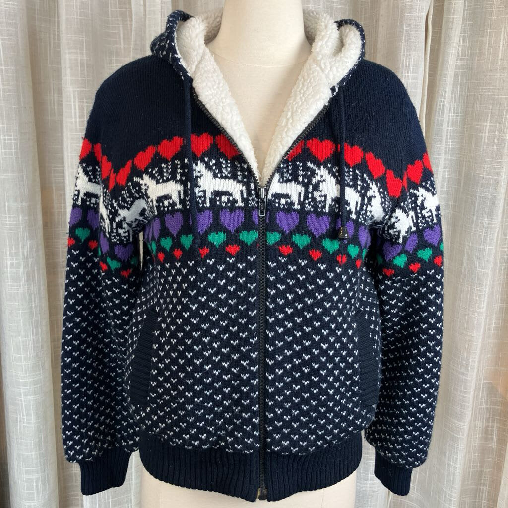 1980s Black Unicorn Sweater Jacket w/ Hoodie