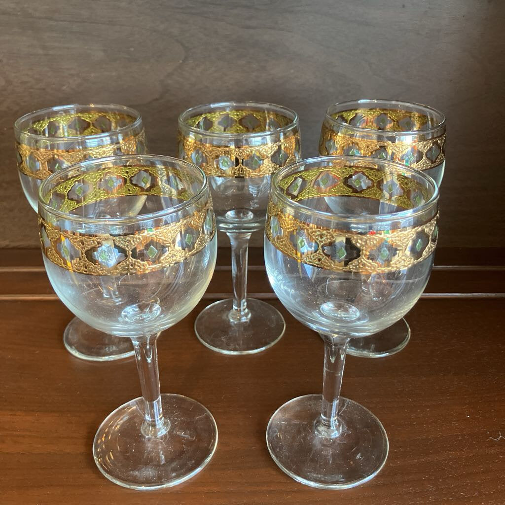 Vintage Set of 5 Culver 22K Gold Embellished Stemware