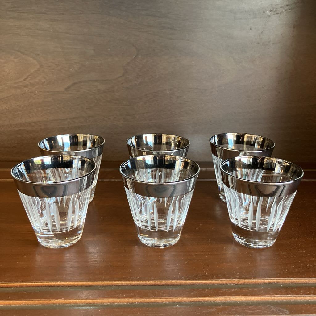 Vintage Set of 6 Silver Rimmed Carved Glass Shooter Glasses