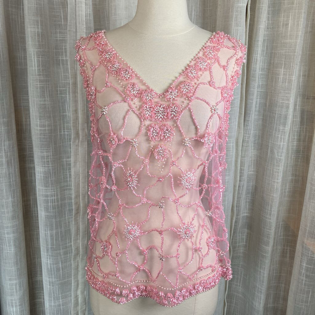 1960's Pink Beaded w/ Pearl Embroidered Sheer Top