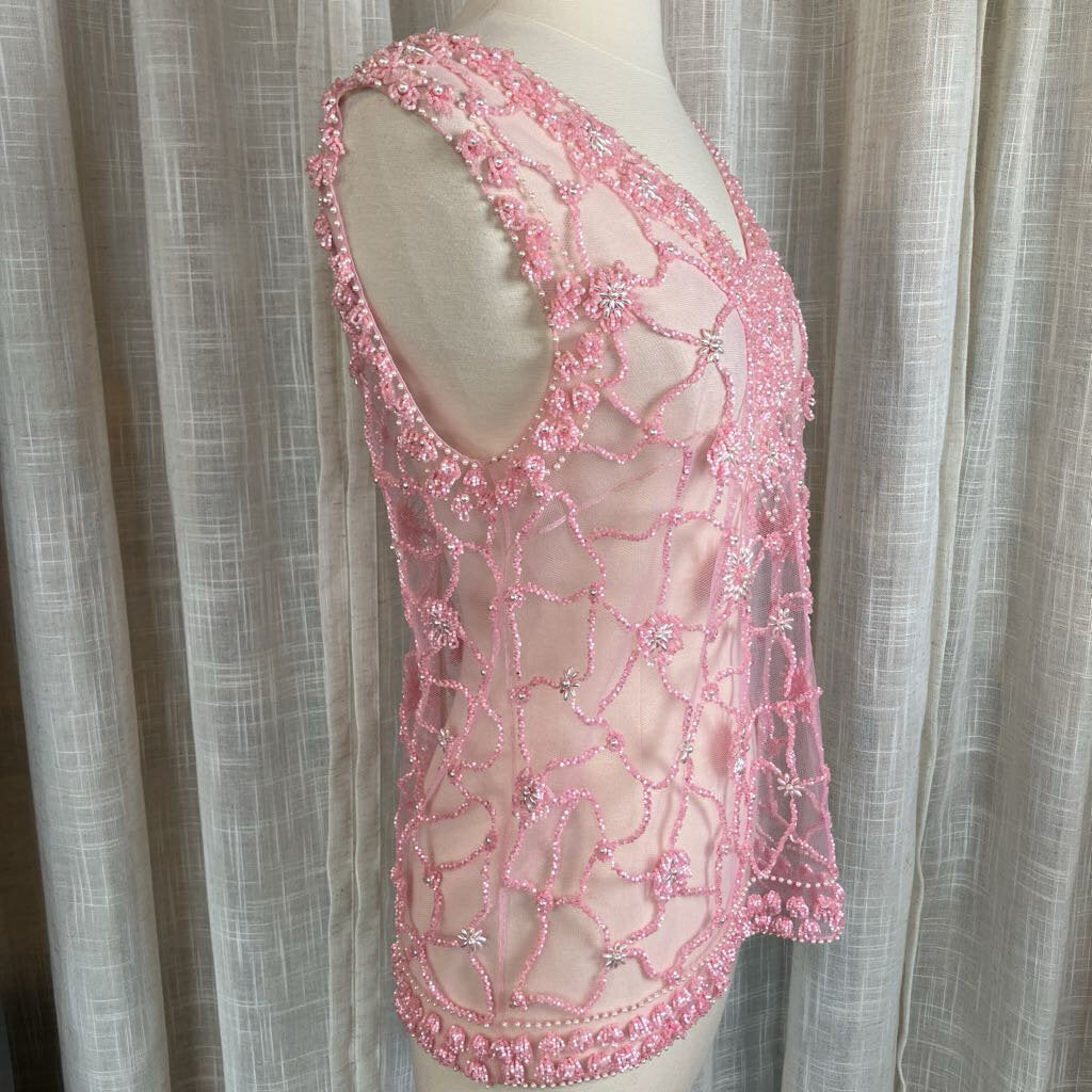 1960's Pink Beaded w/ Pearl Embroidered Sheer Top