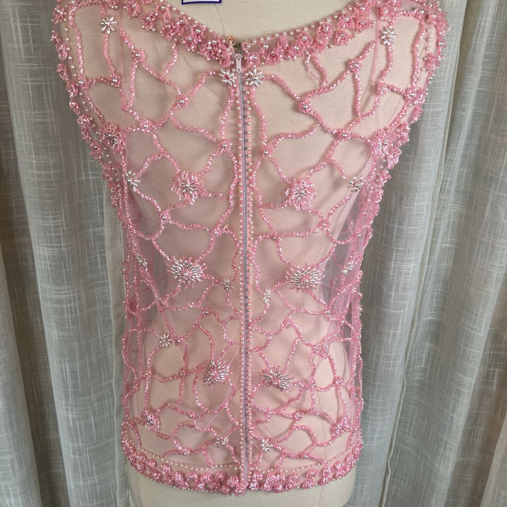 1960's Pink Beaded w/ Pearl Embroidered Sheer Top