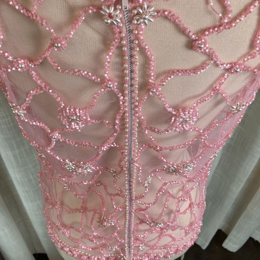 1960's Pink Beaded w/ Pearl Embroidered Sheer Top