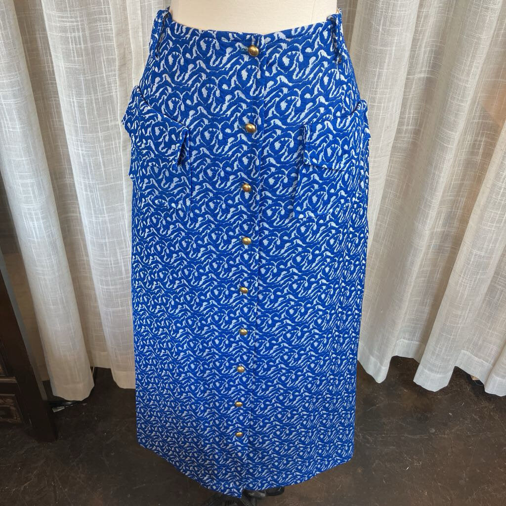 1970s Blue Maxi Skirt w/ Brass Buttons & Pockets