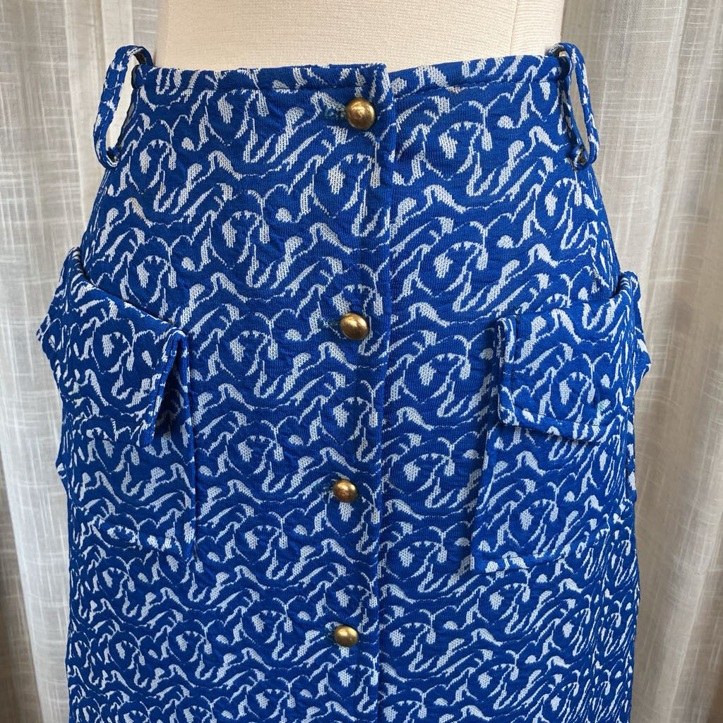 1970s Blue Maxi Skirt w/ Brass Buttons & Pockets