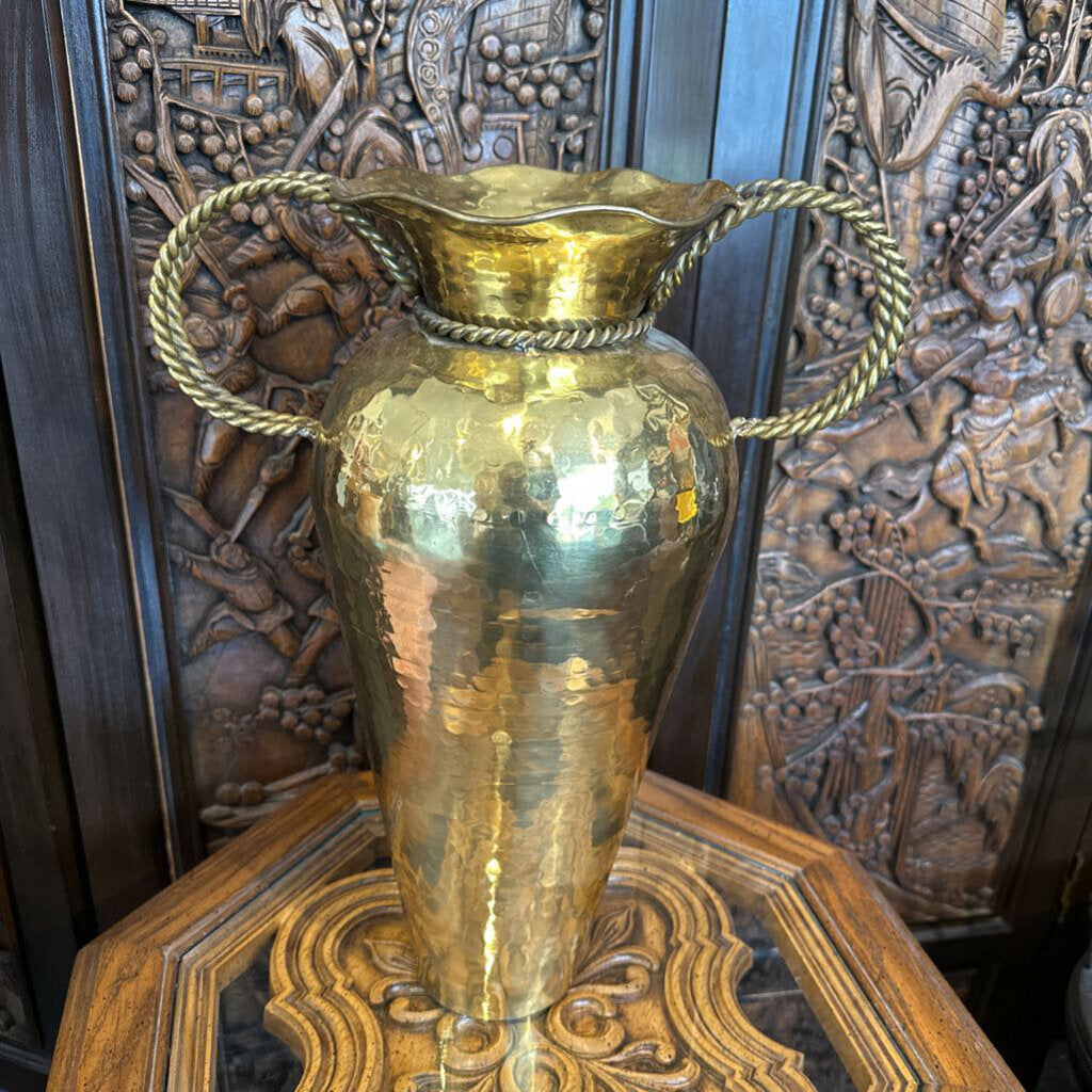 Vintage Tall Hammered Brass Vase w/ Braided Handles