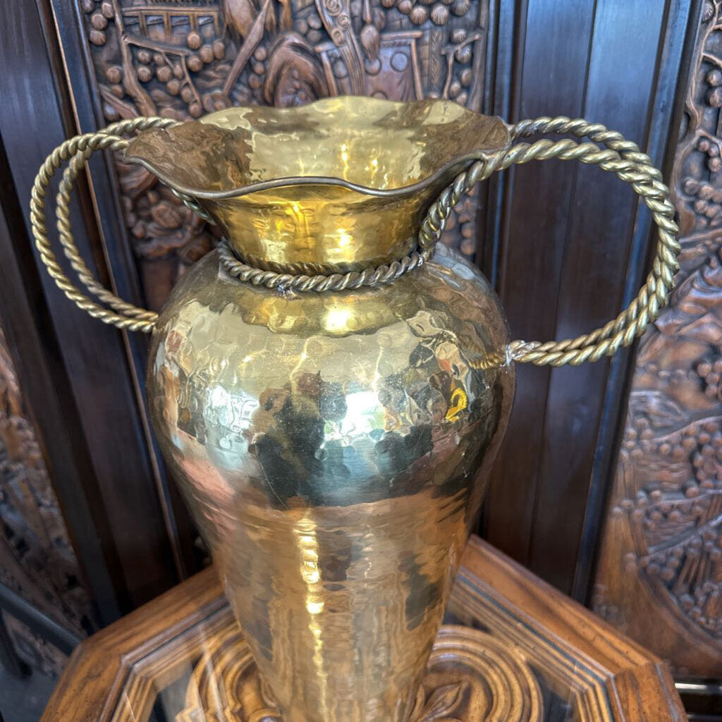 Vintage Tall Hammered Brass Vase w/ Braided Handles