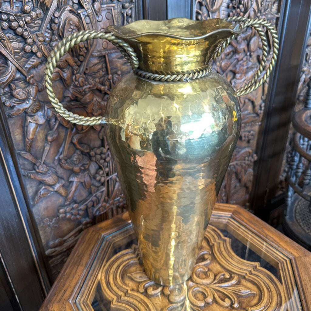 Vintage Tall Hammered Brass Vase w/ Braided Handles